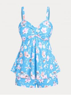 Ruched Floral Print Empire Waist Plus Size & Curve Tankini Swimsuit - LIGHT BLUE - 5X
