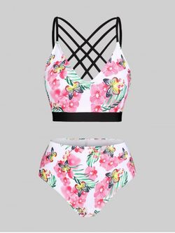 Floral Butterfly Print Crisscross Plus Size & Curve Bikini Swimsuit - WHITE - L