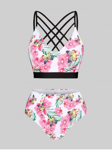 Floral Butterfly Print Crisscross Plus Size & Curve Bikini Swimsuit - WHITE - 5X
