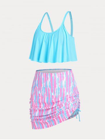 Ruffled Overlay Modest Plus Size & Curve Three Piece Tankini Swimsuit - LIGHT BLUE - 4X