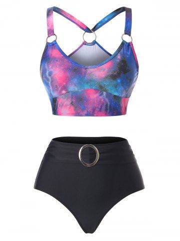 Galaxy Print O Ring Tankini Swimwear - BLACK - M