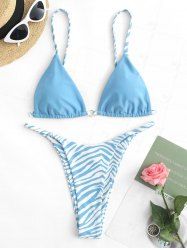 Maillot de Bain Bikini Effronté à Imprimé Girafe à Coupe Haute à Cordon - Bleu clair M