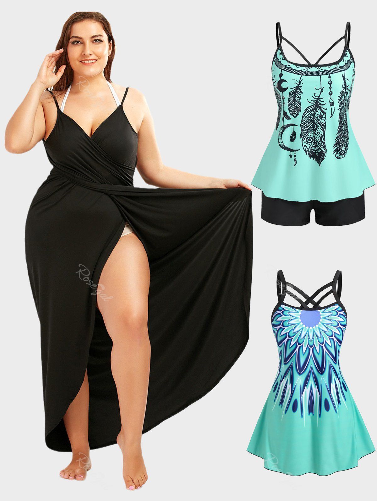 Online 3 Pieces Swimwear Cover Up Wrap Dress and Tankini Set Plus Size Swim Summer Outfit  