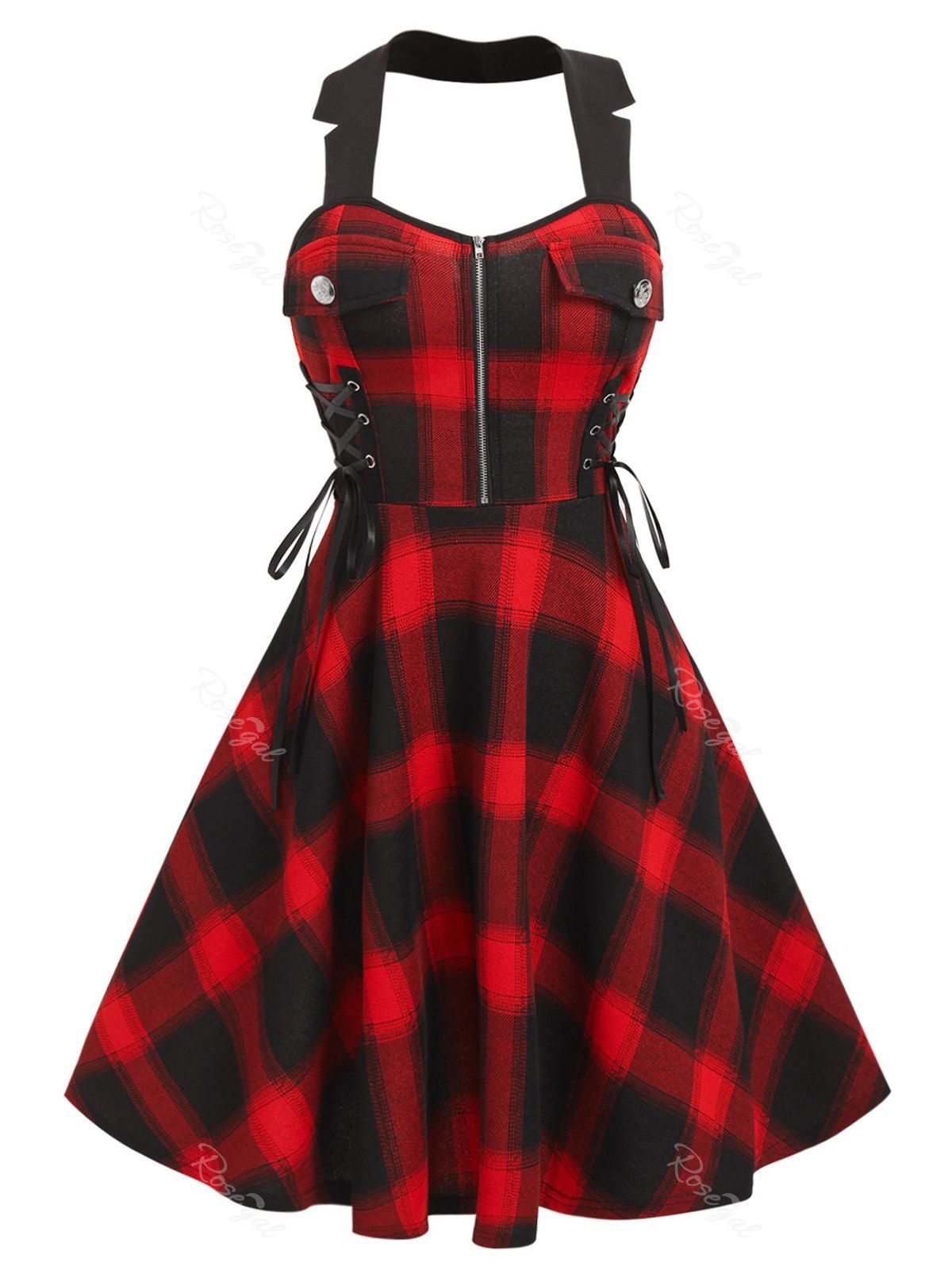 Chic Vintage Backless Lace Up Plaid Dress  