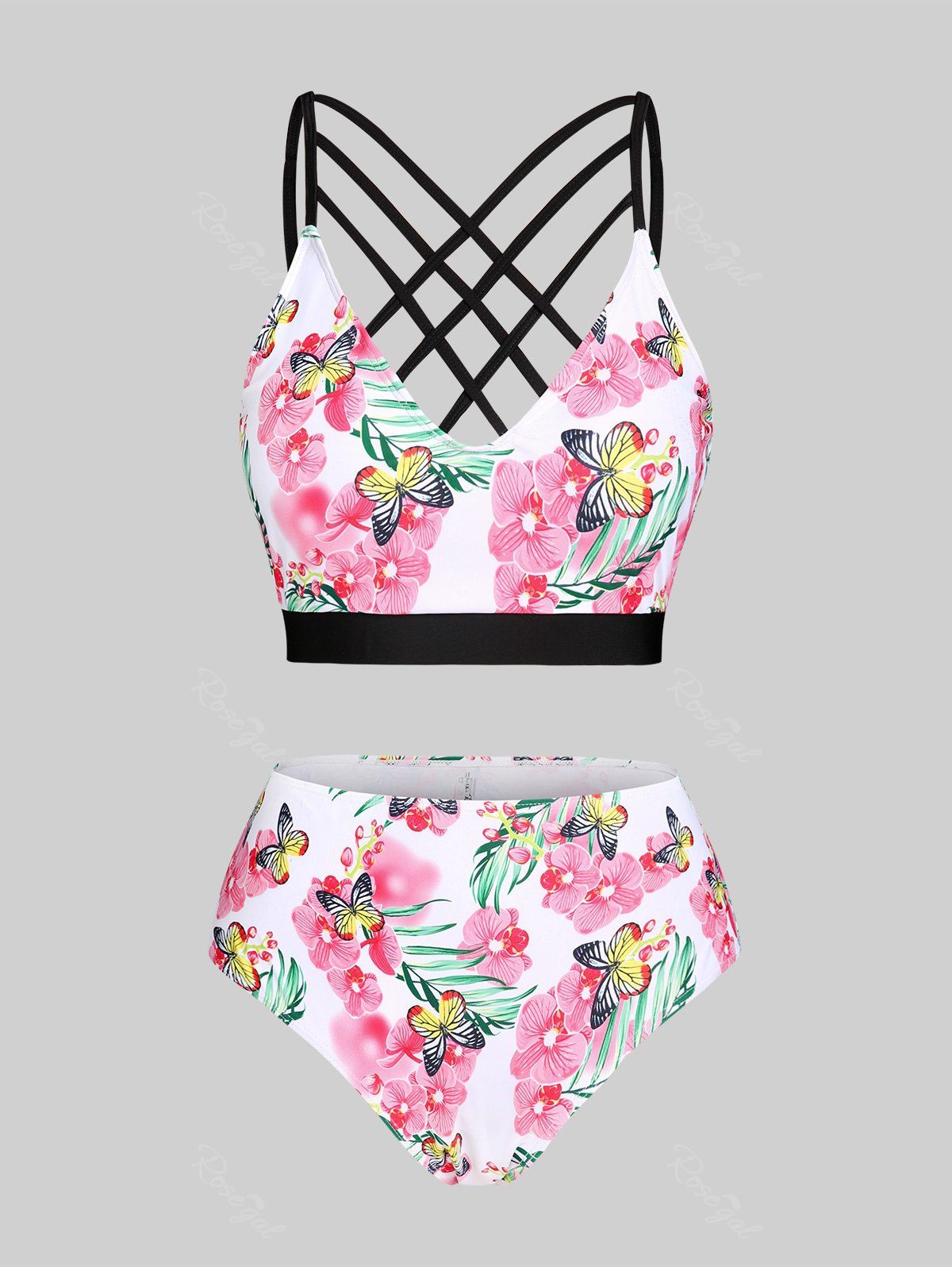Fancy Floral Butterfly Print Crisscross Plus Size & Curve Bikini Swimsuit  