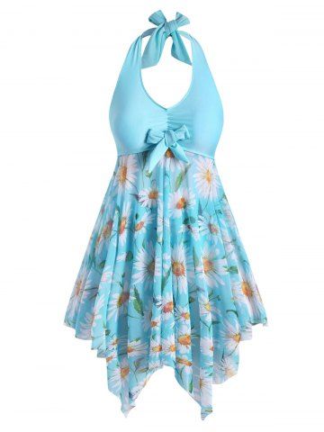 Halter Daisy Print Open Back Handkerchief Plus Size & Curve Modest Tankini  Swimsuit - LIGHT BLUE - 1X