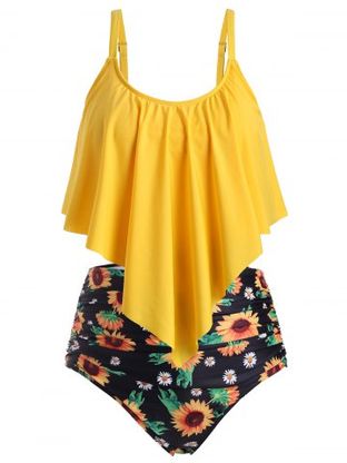 Ruffled Overlay Sunflower Print Plus Size & Curve Modest Tankini Swimsuit