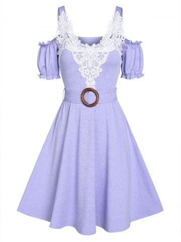 Robe Fleurie en Dentelle à Epaule Dénudée - LIGHT PURPLE - XXXL