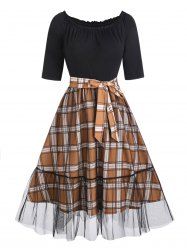 Belted Plaid Lace Overlay Dress -  