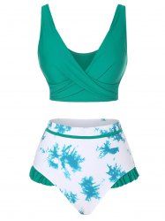 Maillot de Bain Bikini Tordu Teinté à Taille Haute à Volants - Vert profond S