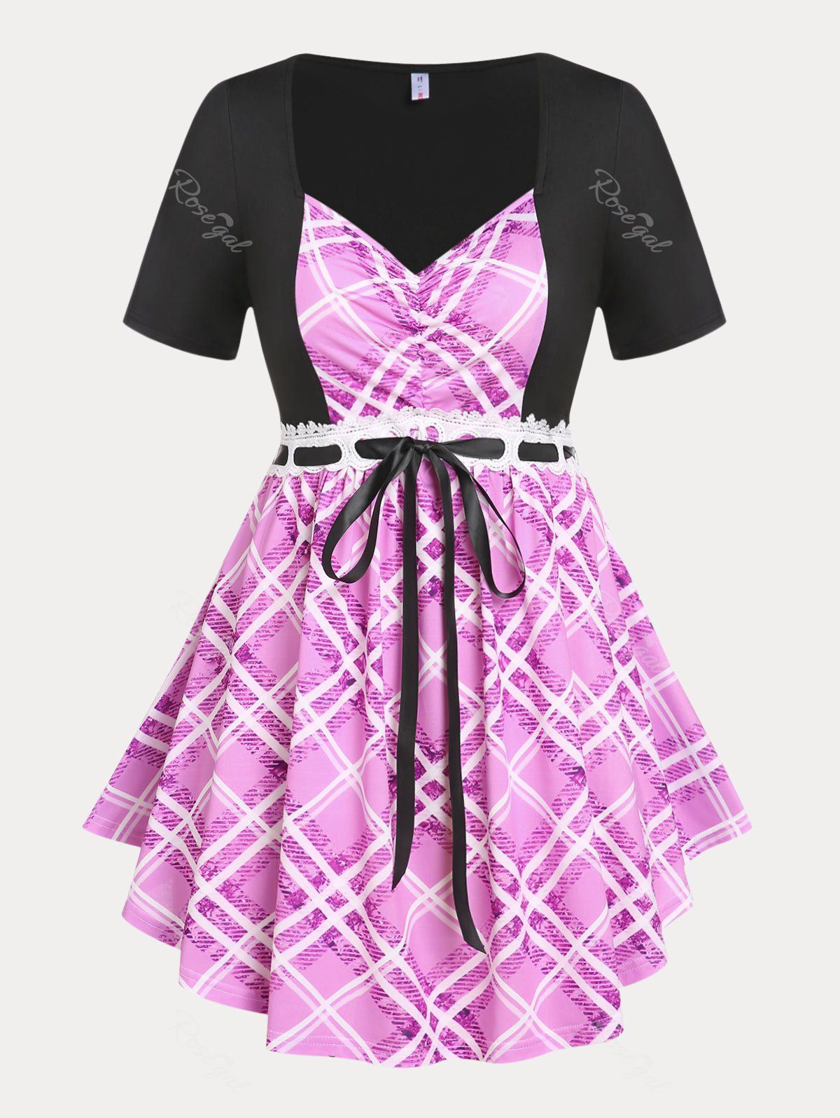 Outfit Plus Size & Curve Colorblock Lace Panel Plaid Tunic Top  