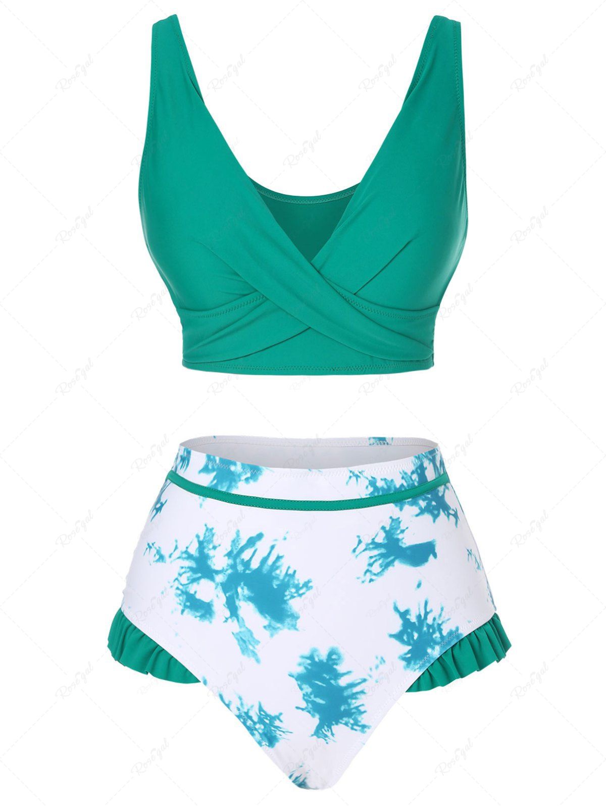 Maillot de Bain Bikini Tordu Teinté à Taille Haute à Volants Vert profond M
