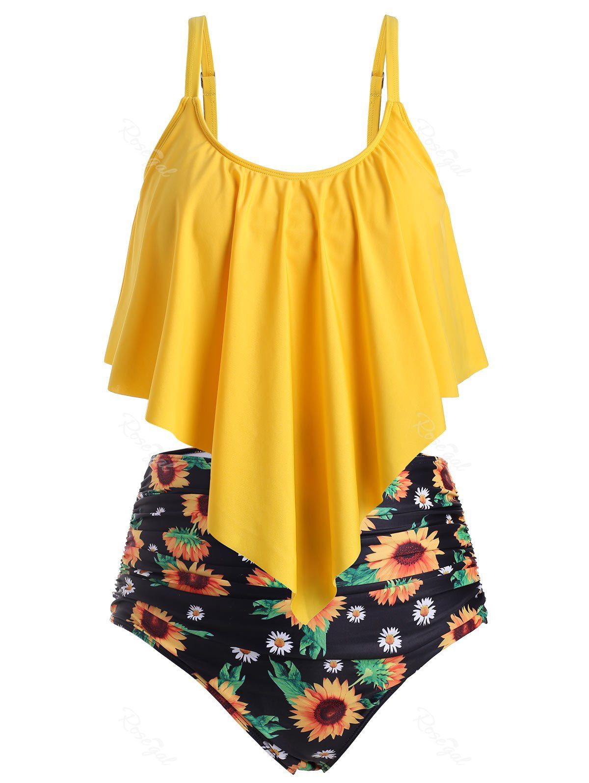 Latest Ruffled Overlay Sunflower Print Plus Size & Curve Modest Tankini Swimsuit  