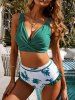 Maillot de Bain Bikini Tordu Teinté à Taille Haute à Volants - Vert profond M