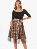 Belted Plaid Lace Overlay Dress -  
