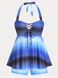 Halter Open Back Tie Dye Plus Size & Curve Modest Tankini Swimsuit - BLUE - L