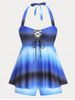 Halter Open Back Tie Dye Plus Size & Curve Modest Tankini Swimsuit -  