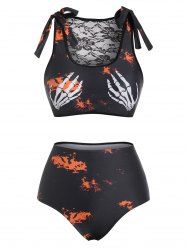 Tie Dye Skeleton Hand Lace Insert Bowknot Tankini Swimwear -  