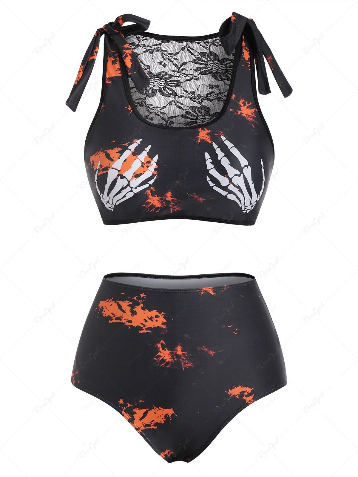 Chic Tie Dye Skeleton Hand Lace Insert Bowknot Tankini Swimwear  