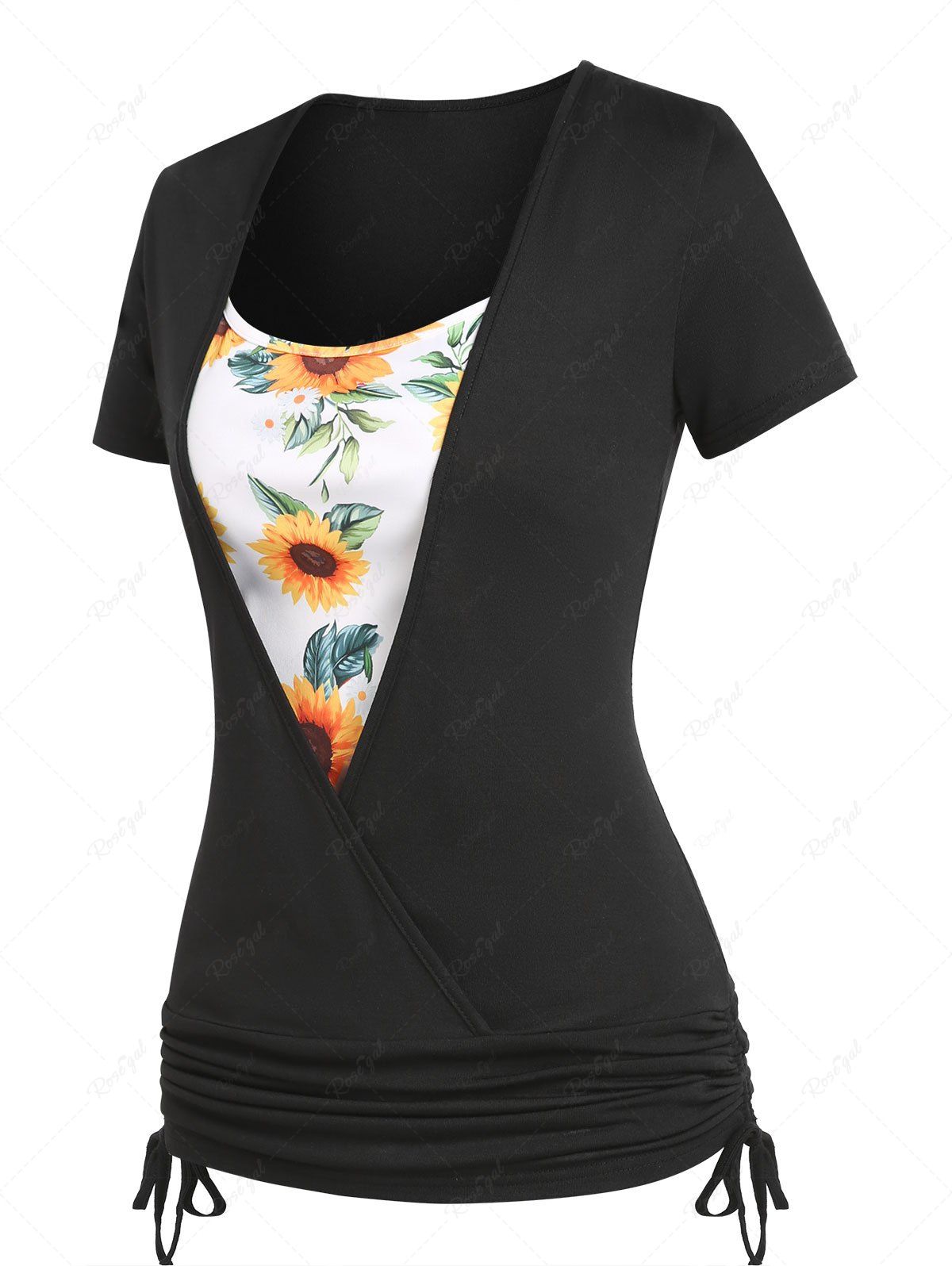 Affordable Surplice Cinched Tie Flower Print T-shirt  