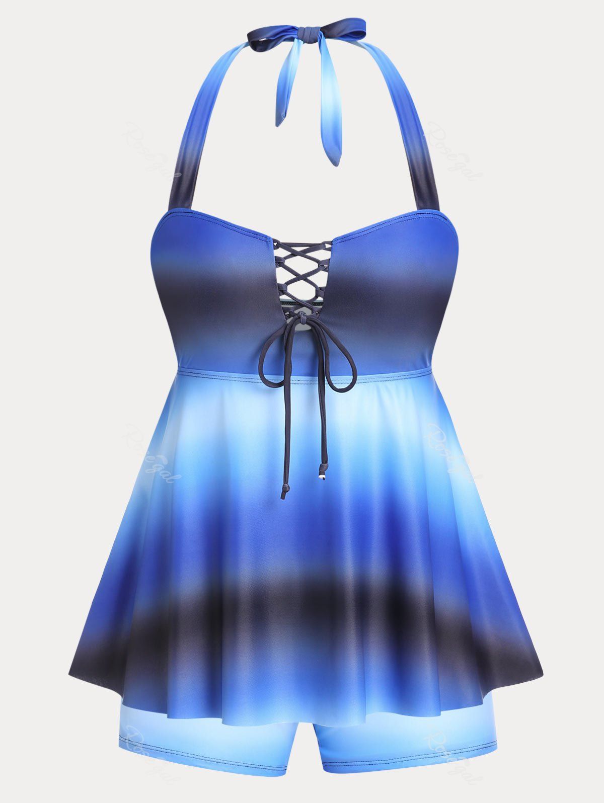 Affordable Halter Open Back Tie Dye Plus Size & Curve Modest Tankini Swimsuit  