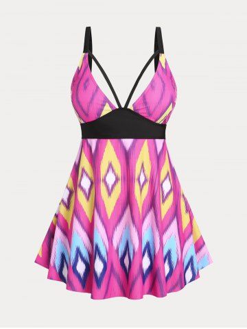 Plus Size & Curve Geometric Colorblock Padded Strappy Tankini Swimsuit - LIGHT PINK - 2X