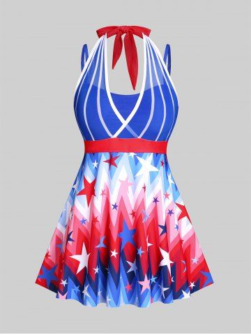 Plus Size & Curve Stars Print Colorblock Mesh Panel Padded Modest Tankini  Swimsuit
