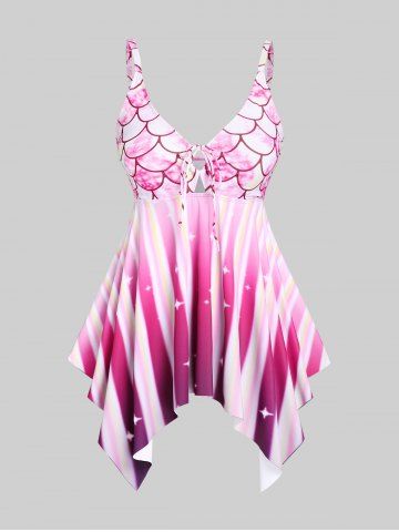 Plus Size & Curve Stars Mermaid Print Padded Handkerchief Tankini Swimsuit - LIGHT PINK - L
