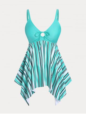 Striped Cinched Handkerchief Plus Size & Curve Modest Tankini Swimsuit - LIGHT BLUE - 4X