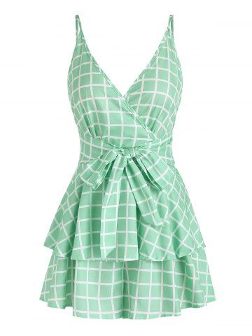 Plaid Belted Overlay Surplice Romper - LIGHT GREEN - XXL