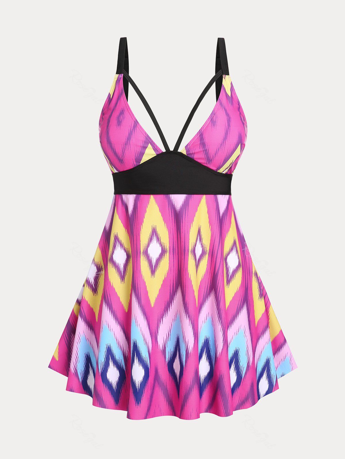 Trendy Plus Size & Curve Geometric Colorblock Padded Strappy Tankini Swimsuit  