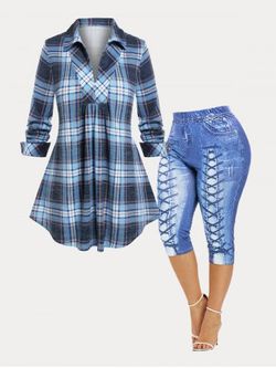 Timeless Plaid Tunic Top and 3D Printed Leggings Plus Size Bundle - BLUE