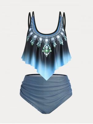 Plus Size & Curve Dot Printed Padded Ruched Tummy Control Tankini Swimsuit