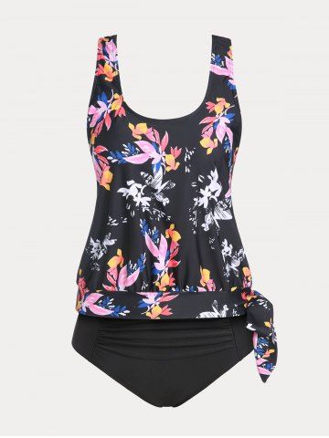 Floral Print Tie Side High Waist Plus Size & Curve Modest Tankini Swimsuit - BLACK - 5X