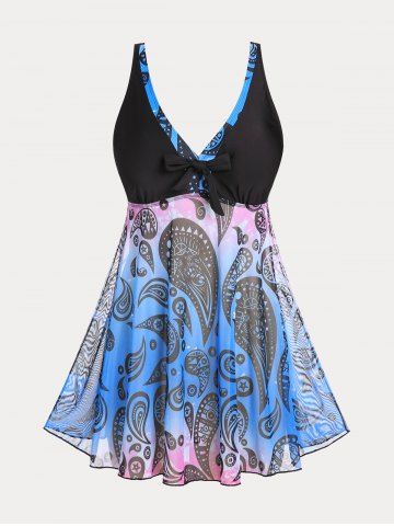 Plus Size & Curve Paisley Backless Mesh Tie Padded Tankini Swimsuit