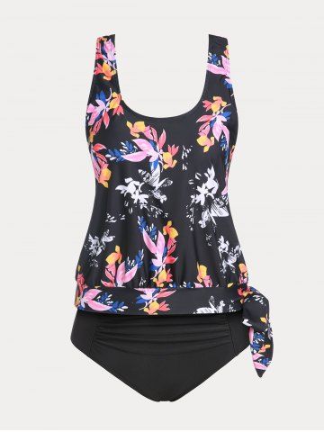 Floral Print Tie Side High Waist Plus Size & Curve Modest Tankini Swimsuit - BLACK - 3X