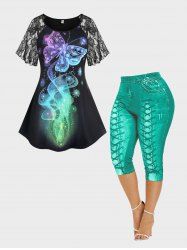 Skew Neck Feather Print Tee and Camisole Set & Curve 3D Leggings Plus Size Summer Outfit -  
