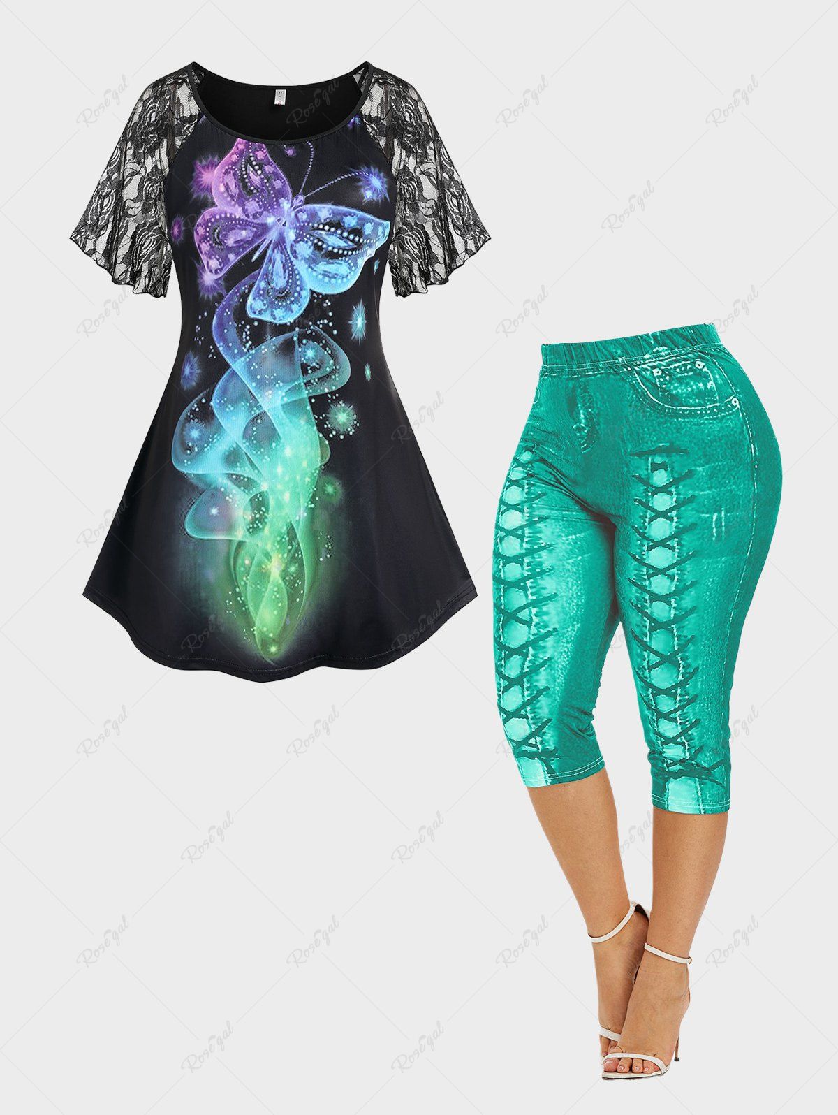 Online Skew Neck Feather Print Tee and Camisole Set & Curve 3D Leggings Plus Size Summer Outfit  