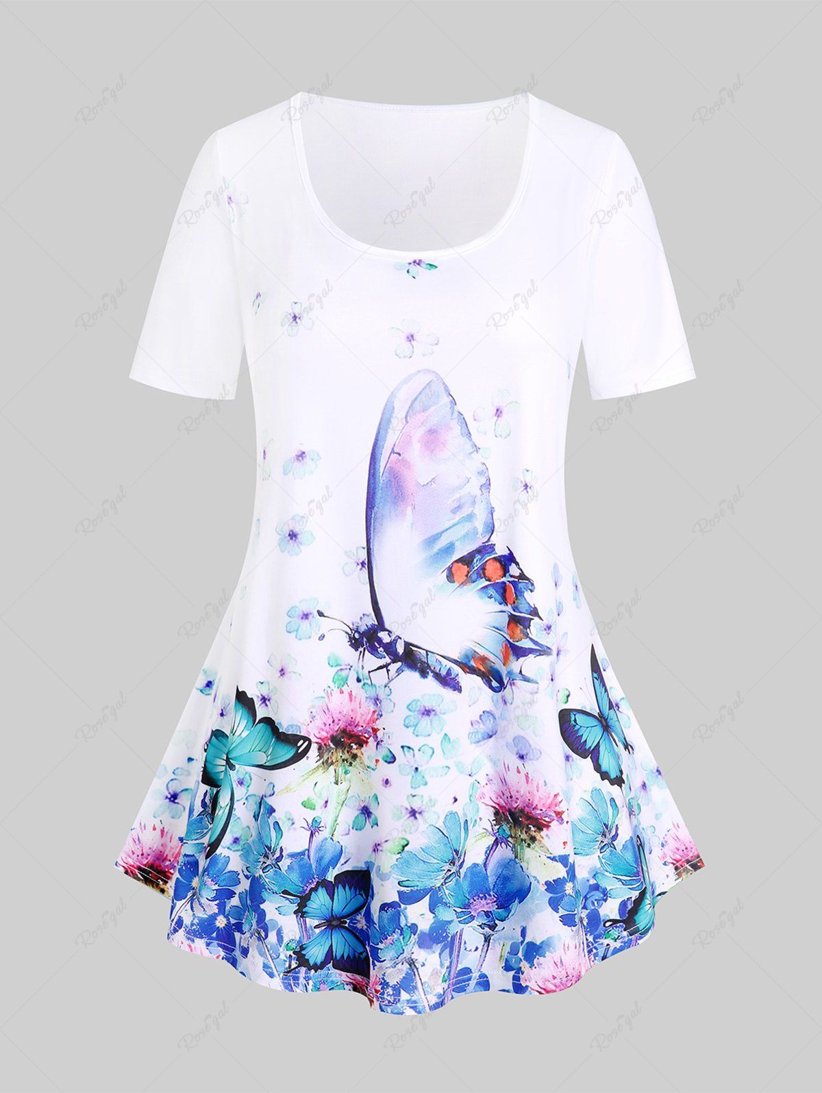 T-shirt Curve à Imprimé Floral Papillon de Grande Taille Blanc 5x | US 30-32