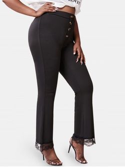 Plus Size Lace Trim Mock Buttons Bell Bottom Pants - BLACK - 4X