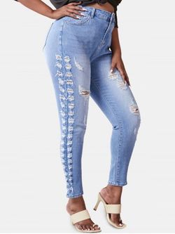 Plus Size Faded Ripped Destroyed Skinny Jeans - LIGHT BLUE - L