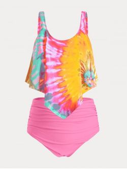 Plus Size & Curve Tie Dye Padded Ruch Overlay Tummy Control Tankini Swimsuit - MULTI - 1X