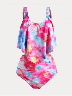 Plus Size & Curve Tie Dye Padded Ruch Overlay Tummy Control Tankini Swimsuit - LIGHT PINK - 1X