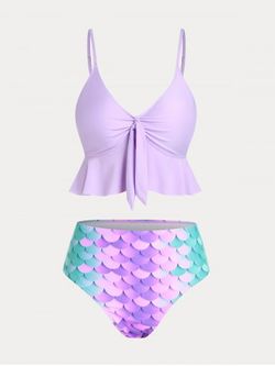Plunge Mermaid Print Flounced Plus Size & Curve High Waist Tankini Swimsuit - LIGHT PURPLE - 3X
