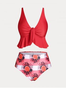 Flounced Rose Print High Waist Plus Size & Curve Tankini Swimsuit - RED - 2X