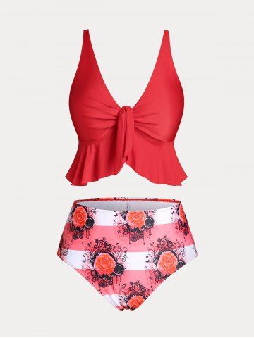 Flounced Rose Print High Waist Plus Size & Curve Tankini Swimsuit - RED - 1X