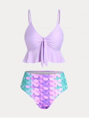 Plunge Mermaid Print Flounced Plus Size & Curve High Waist Tankini Swimsuit - LIGHT PURPLE - L