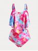 Plus Size & Curve Tie Dye Padded Ruch Overlay Tummy Control Tankini Swimsuit -  