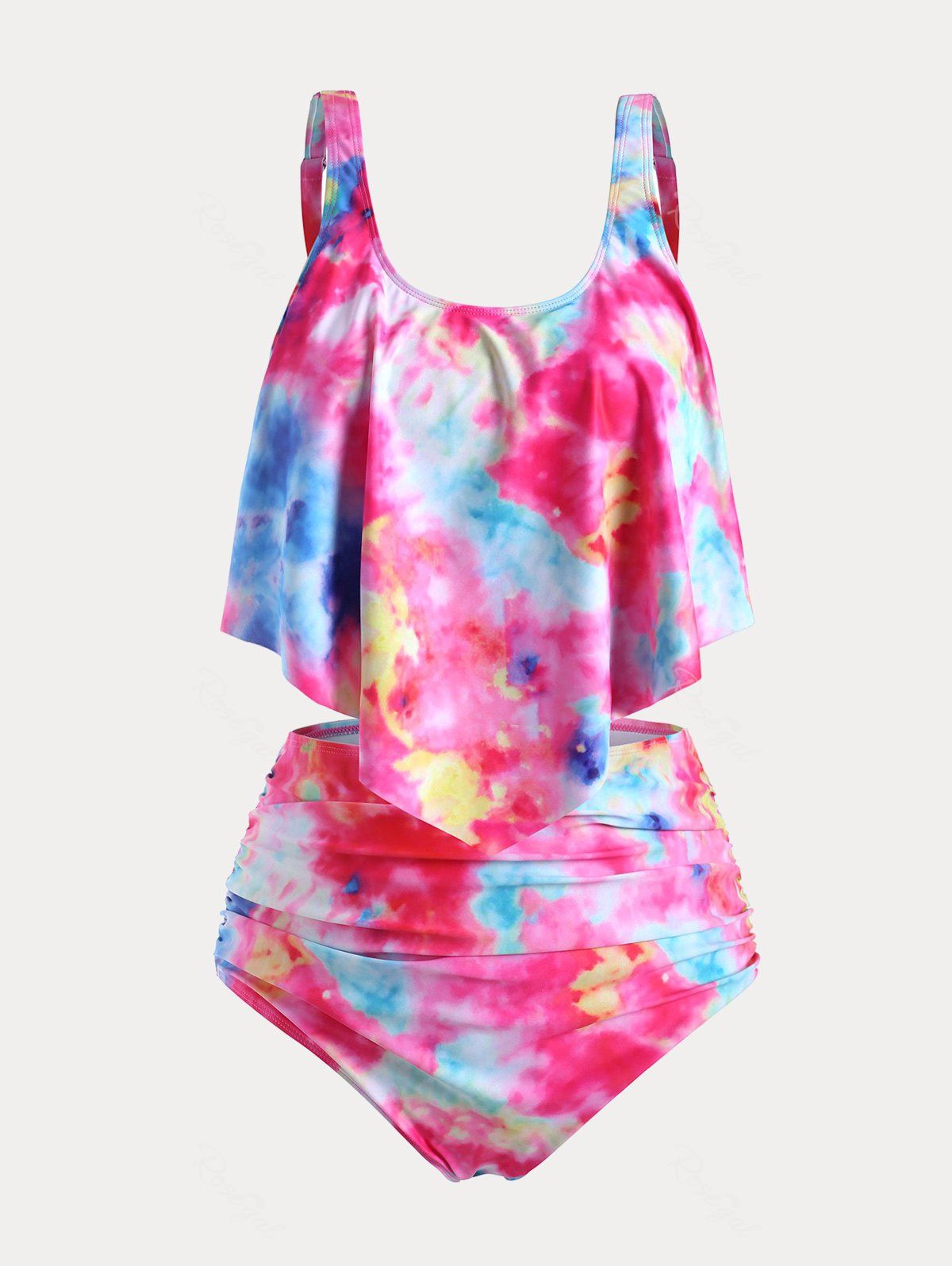 Fashion Plus Size & Curve Tie Dye Padded Ruch Overlay Tummy Control Tankini Swimsuit  