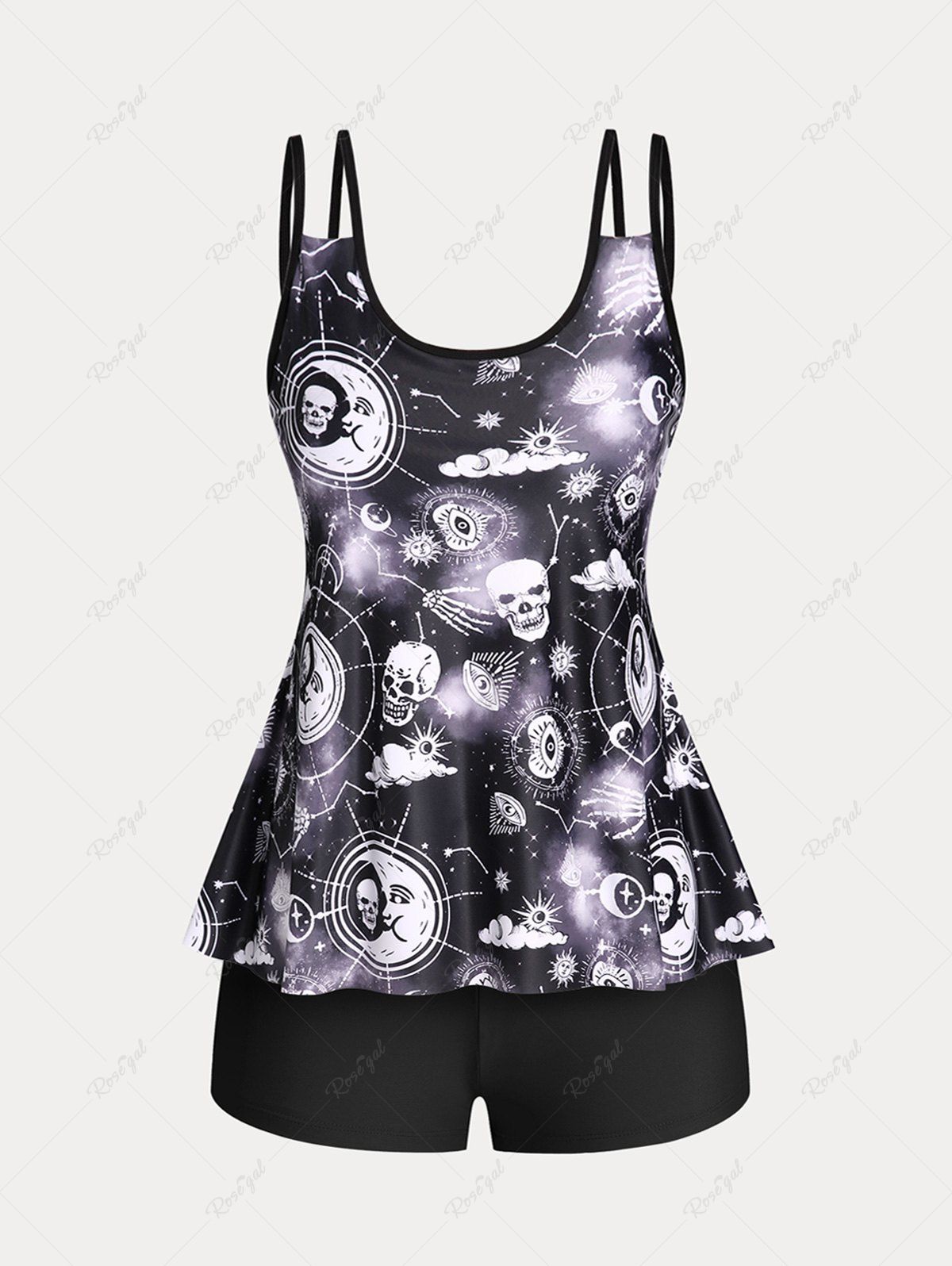 Outfit Gothic Skull Print Plus Size & Curve Modest Tankini  Swimsuit  